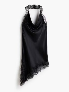 H&M Black Satin Lace-Trim Asymmetric Chemise
